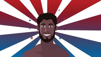 Smiling Black man in front of radiating American flag themed rays vector