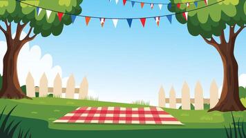 Patriotic picnic scene with red blanket bunting and white fence in summer park vector