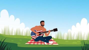 Man playing guitar on picnic blanket during American patriotic summer celebration vector