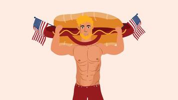 Cheerful muscular man lifting giant hotdog with two American flags in hands vector