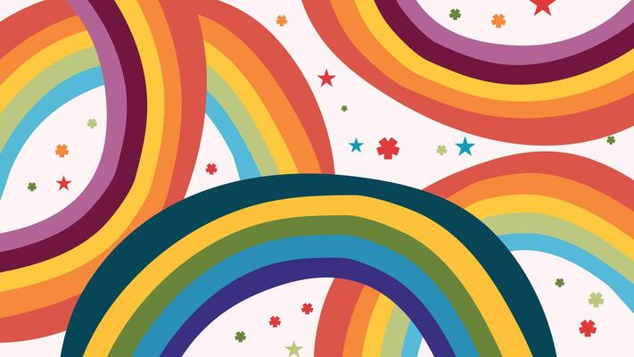 Bright Colorful Rainbow Arches Over White Background with Sparkling Decorative Stars