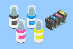 3D Isometric Flat Conceptual Illustration of Refilling CMYK Cartridge, Bottles with Ink vector