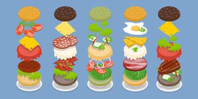 3D Isometric Flat Set of Burger Maker, Elements for Different Sandwich vector