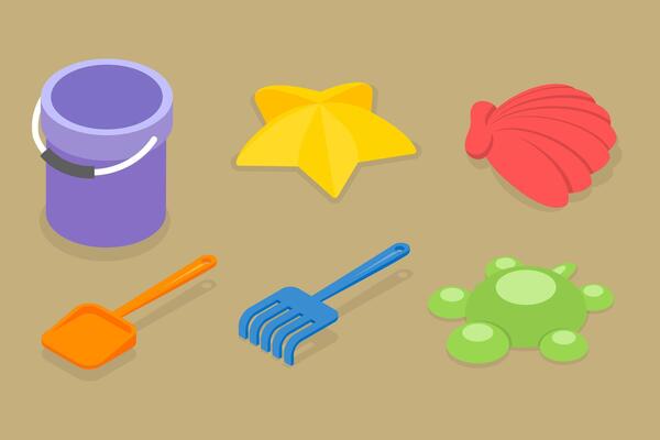 3D Isometric Flat Set of Childrens Sand Toys, Sandbox Play