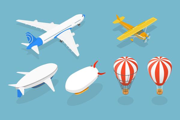 3D Isometric Flat Set of Airships , Vintage Aviation Collection