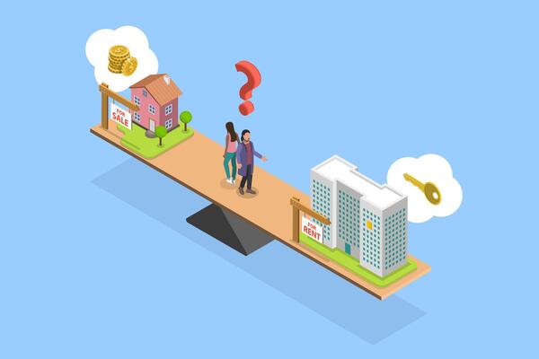 3D Isometric Flat Conceptual Illustration of Buying Vs Renting Property, Advantages and Disadvantages