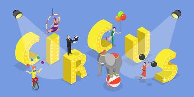 3D Isometric Flat Set of Circus, Entertainment with Wild Animals and Acrobat Performing vector