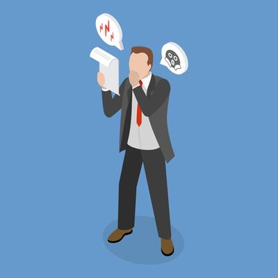 3D Isometric Flat Conceptual Illustration of Shocked Man, Upset Person Holding Document