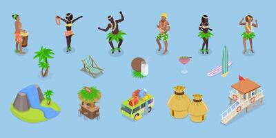 3D Isometric Flat Set of Hawaii Elements, Cultural Attributes vector