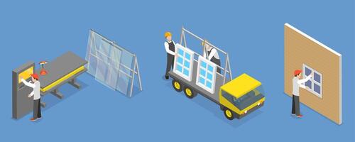 3D Isometric Flat Conceptual Illustration of Windows Installing, Building Construction Industry vector