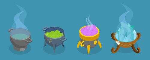 3D Isometric Flat Set of Boiling Cauldrons, Making Magic Potions vector