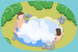 3D Isometric Flat Conceptual Illustration of Japanese Spa Resort, Enjoying Water Procedures vector