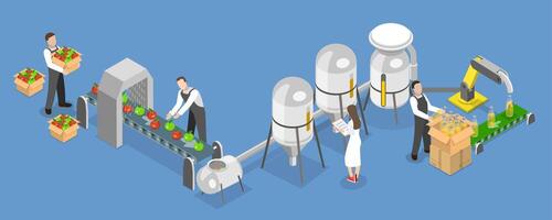 3D Isometric Flat Conceptual Illustration of Juice Factory, Manufacture Process vector
