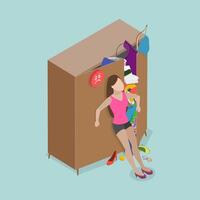 3D Isometric Flat Conceptual Illustration of Bursting Wardrobe, Mess and Clutter in Closet vector