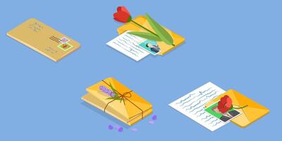 3D Isometric Flat Set of Mail Paper Letters, Postal Item with Written Message vector