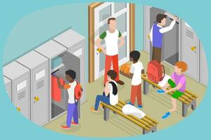 3D Isometric Flat Conceptual Illustration of Locker Room in Gym, Player Sitting on Bench vector