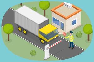 3D Isometric Flat Conceptual Illustration of Security Check Of Car , Entry Through the Checkpoint vector