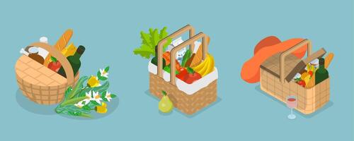 3D Isometric Flat Set of Picnic Baskets , Food in Wicker Crates vector