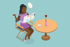 3D Isometric Flat Conceptual Illustration of Enjoying Reading A Newspaper, Everyday Ritual vector