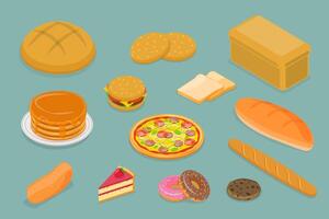 3D Isometric Flat Set of Various Bread Types, Pastry and Bakery Products vector
