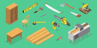 3D Isometric Flat Set of Carpentry Items, Woodwork Studio vector