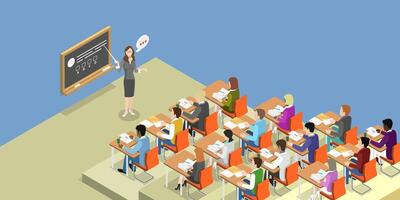 3D Isometric Flat Conceptual Illustration of University, Students in Lecture Hall vector