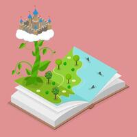 3D Isometric Flat Conceptual Illustration of Fairytale World, Open Story Book, Imagination Developing with Reading vector