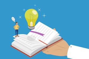 3D Isometric Flat Conceptual Illustration of Reading Book For Inspiration, Imagination and Knowledge vector
