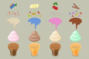 3D Isometric Flat Conceptual Illustration of Creating Ice Cream, Sweet Summer Delicacy Sundaes vector