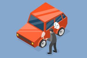 3D Isometric Flat Conceptual Illustration of Malicious Car Damage, Vandalism and Aggression vector