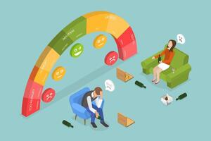 3D Isometric Flat Conceptual Illustration of Hunger Scale, Abdominal Discomfort, Overeating vector
