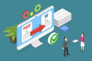 3D Isometric Flat Conceptual Illustration of PDF To Word Converter , Converting or Exchanging Different File Formats vector
