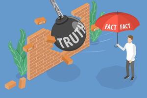 3D Isometric Flat Conceptual Illustration of Fact Vs Truth, Honest Evidence Against Invented Deception vector