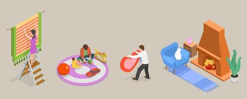 3D Isometric Flat Conceptual Illustration of Carpets, Different Shapes, Designs and Colors vector