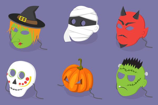 3D Isometric Flat Set of Halloween Face Masks, Carnaval Costumes