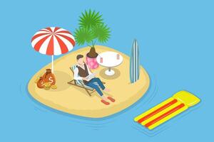 3D Isometric Flat Conceptual Illustration of Workcation, Work and Vacation at Remote Leisure Location vector