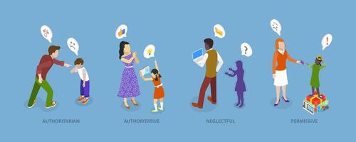 3D Isometric Flat Conceptual Illustration of Parenting Styles, Different Children Raising Methods vector