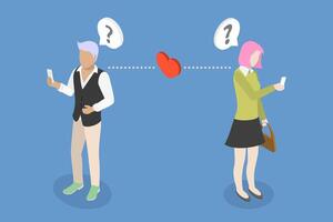 3D Isometric Flat Conceptual Illustration of Matching App, Maintaining Online Relationship vector