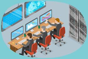 3D Isometric Flat Conceptual Illustration of Space Flight Command, Mission Control Center vector