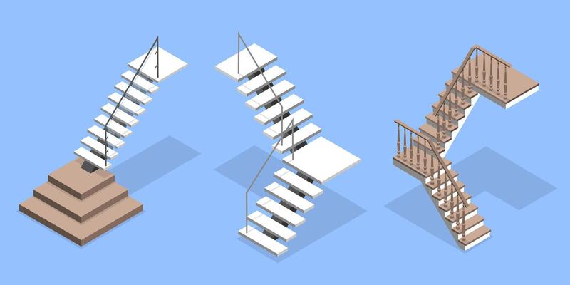 3D Isometric Flat Set of Staircases, Metal or Wooden Stairway