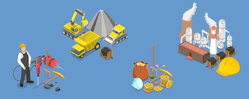 3D Isometric Flat Conceptual Illustration of Mining, Extraction Machinery and Transport vector