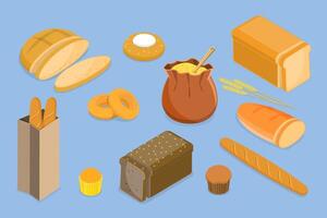 3D Isometric Flat Set of Different Types of Bread, Bakery Products vector