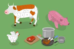3D Isometric Flat Conceptual Illustration of Beef, Pork And Chicken Cut Schemes, Diagrams for Butcher Shop vector