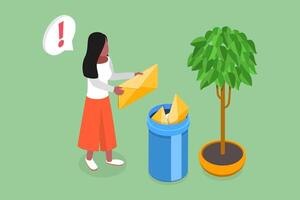 3D Isometric Flat Conceptual Illustration of Cleaning Digital Memory, Deleting Email to Waste Bin vector