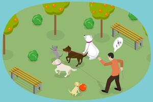 3D Isometric Flat Conceptual Illustration of Walking with Dogs, Strolling with Pets on a Leash vector