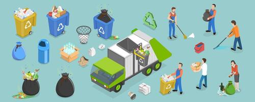 3D Isometric Flat Set of Cleaners Characters, Gargabe and Trash Containters vector