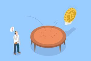 3D Isometric Flat Conceptual Illustration of Bitcoin Price Rebound, Bounce Effect of Cryptocurrency vector