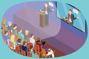 3D Isometric Flat Conceptual Illustration of Forum, Speaker Giving a Presentation vector