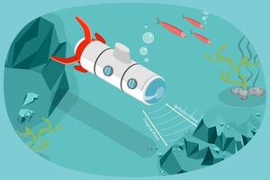 3D Isometric Flat Conceptual Illustration of Sonar And Submarine Navigation, Sound Navigation vector
