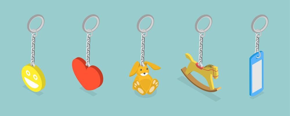 3D Isometric Flat Set of Keychains, Breloques or Trinkets